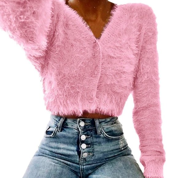 New Stylish Pink Crop Top Faux Fur Sweater - Picture 1 of 1